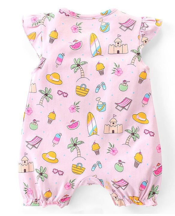 Babyhug 100% Cotton Knit Single Jersey Frill Sleeves Romper With Beach Theme Print - Pink