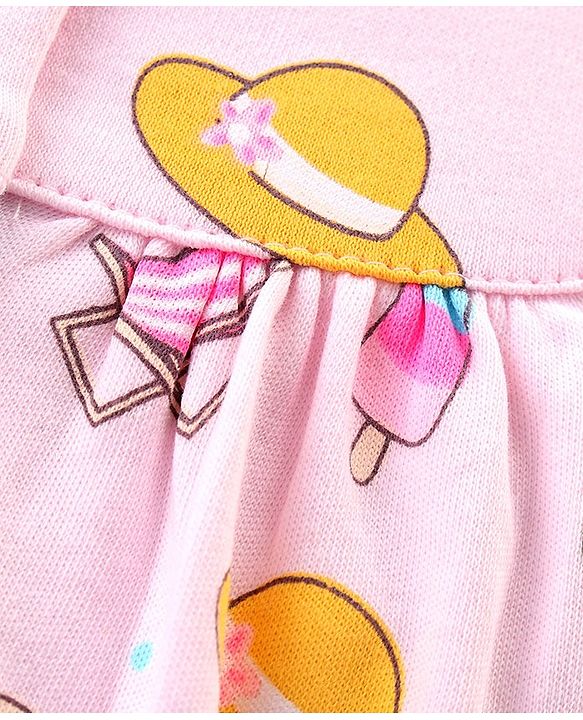 Babyhug 100% Cotton Knit Single Jersey Frill Sleeves Romper With Beach Theme Print - Pink