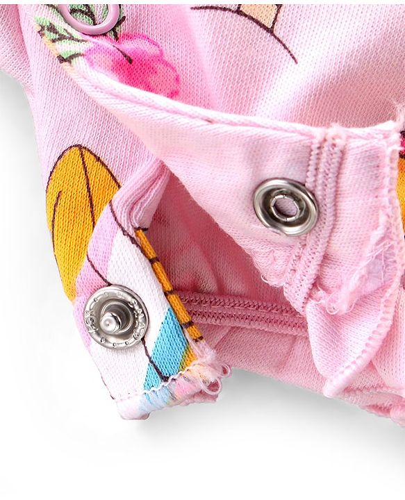Babyhug 100% Cotton Knit Single Jersey Frill Sleeves Romper With Beach Theme Print - Pink