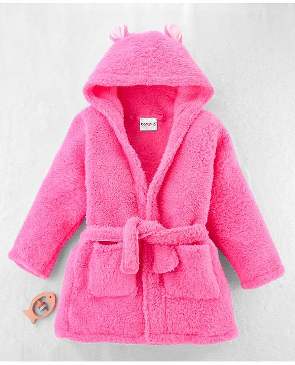 Babyhug Full Sleeves Velour Hooded Bathrobe - Pink