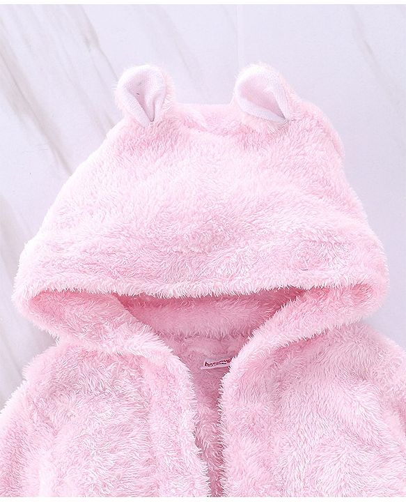Babyhug Full Sleeves Velour Hooded Bathrobe - Pink