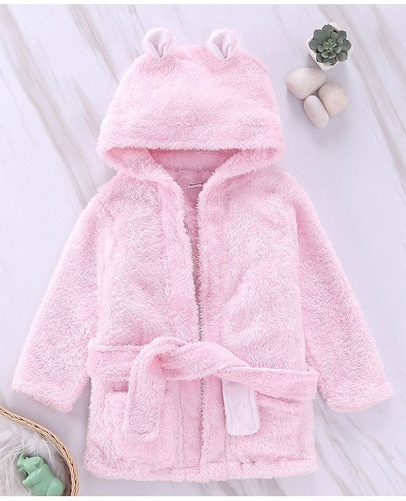 Babyhug Full Sleeves Velour Hooded Bathrobe - Pink