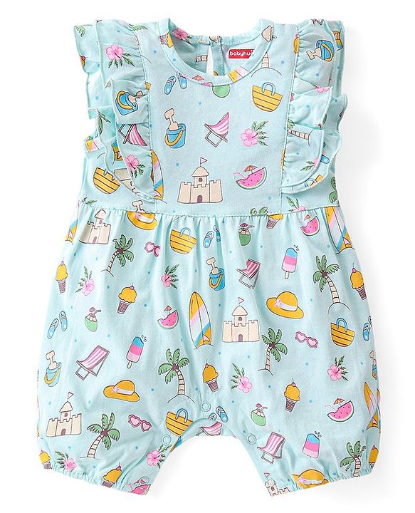 Babyhug 100% Cotton Knit Frill Sleeves Romper Beach Theme - Blue