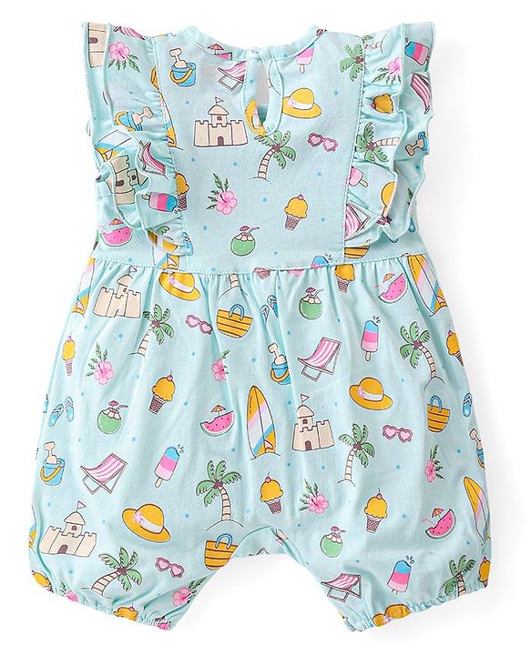 Babyhug 100% Cotton Knit Frill Sleeves Romper Beach Theme - Blue