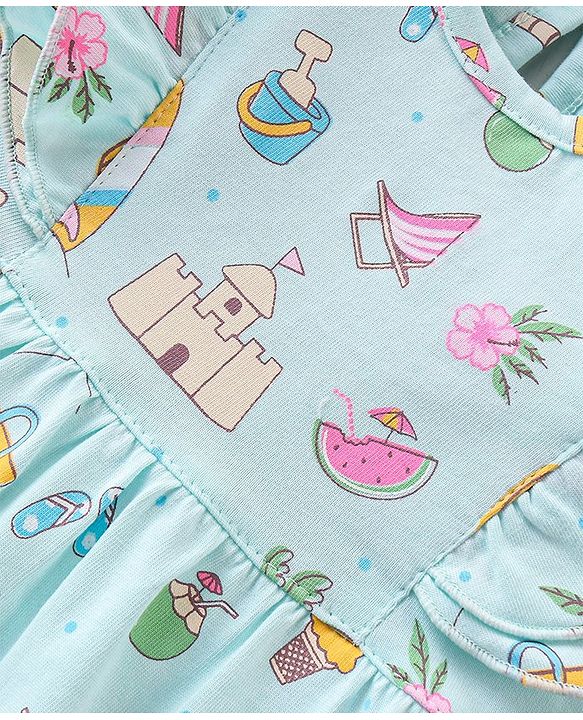 Babyhug 100% Cotton Knit Frill Sleeves Romper Beach Theme - Blue