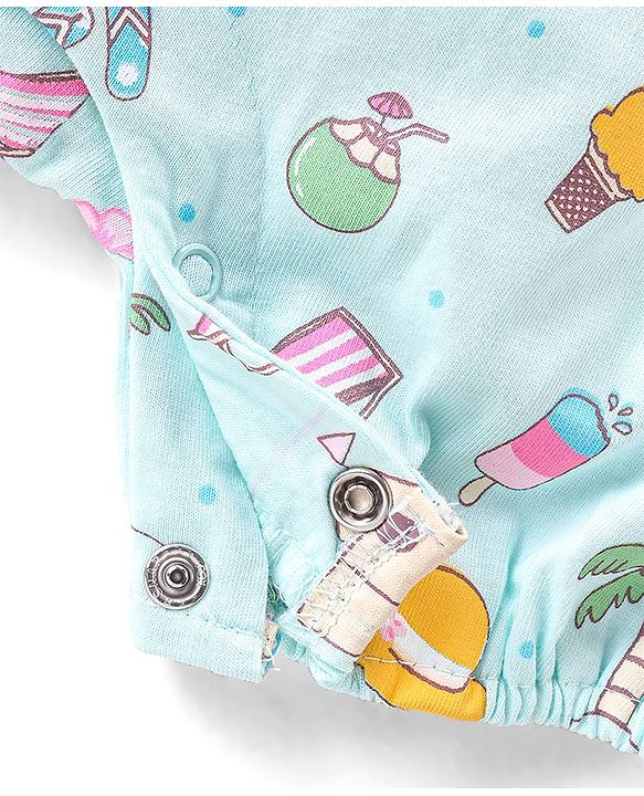 Babyhug 100% Cotton Knit Frill Sleeves Romper Beach Theme - Blue