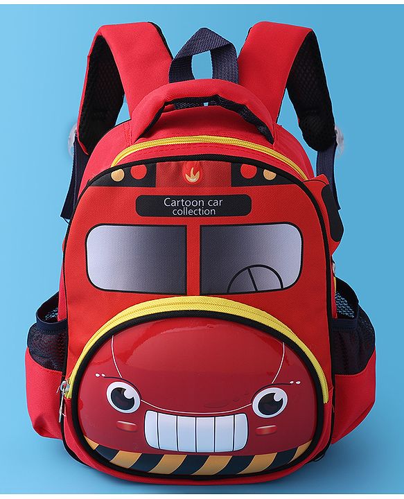 Babyhug Fashion Backpack with Cartoon Car Theme Design - Red