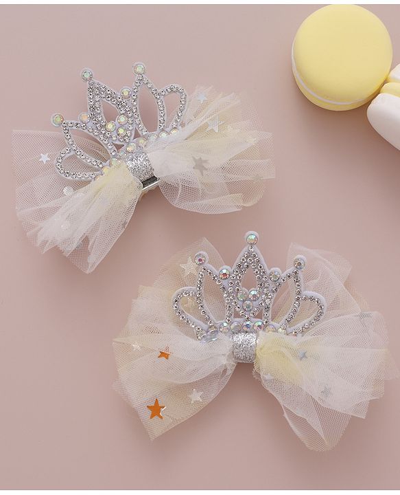 Babyhug Free Size  Bow Clips with Crown Applique Pack of 2 - Beige
