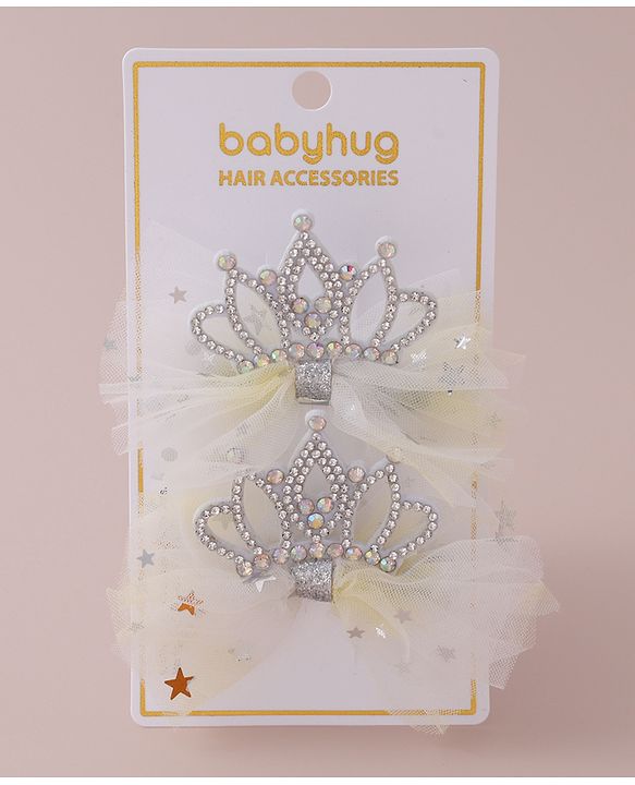 Babyhug Free Size  Bow Clips with Crown Applique Pack of 2 - Beige