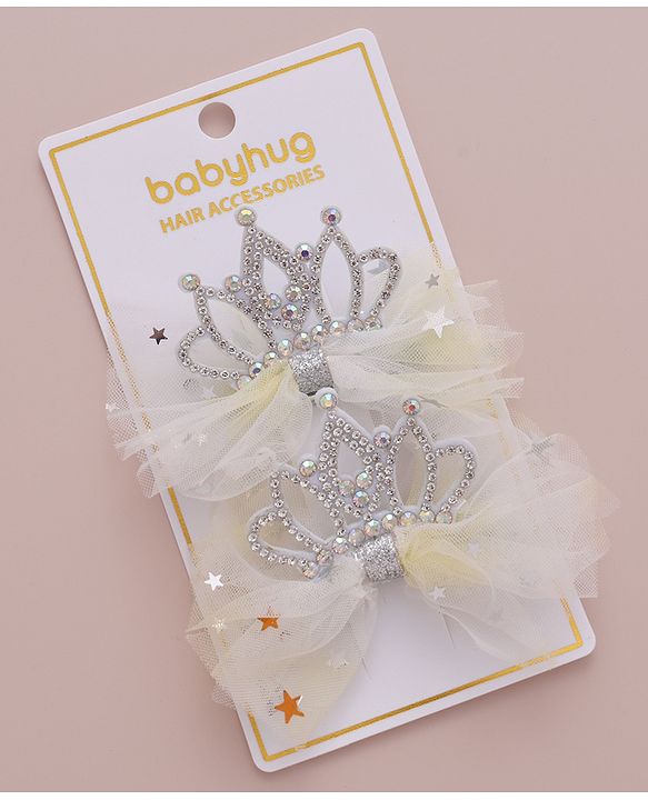 Babyhug Free Size  Bow Clips with Crown Applique Pack of 2 - Beige
