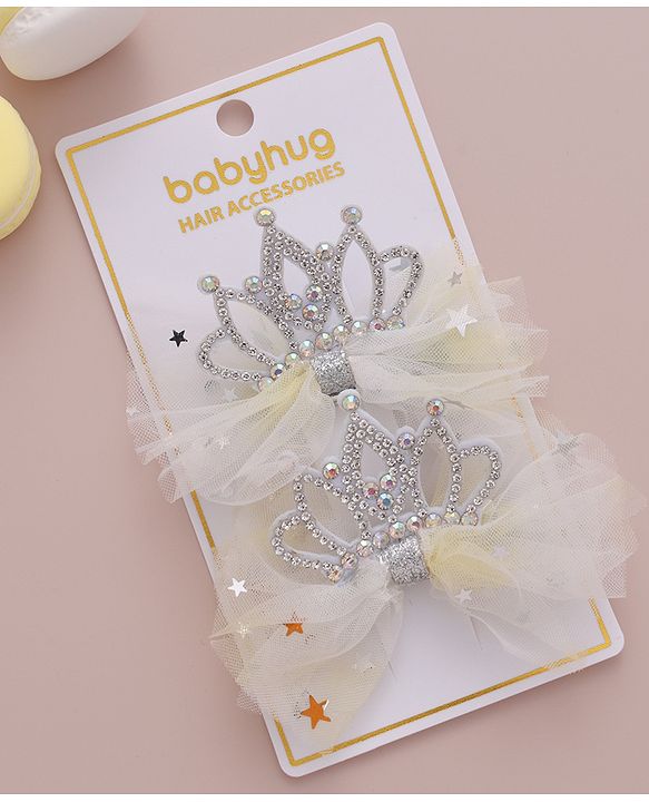 Babyhug Free Size  Bow Clips with Crown Applique Pack of 2 - Beige