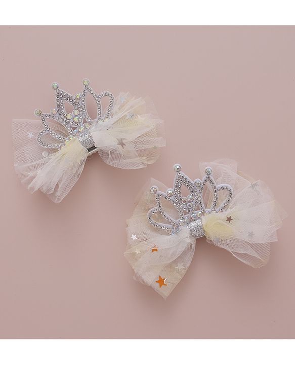 Babyhug Free Size  Bow Clips with Crown Applique Pack of 2 - Beige