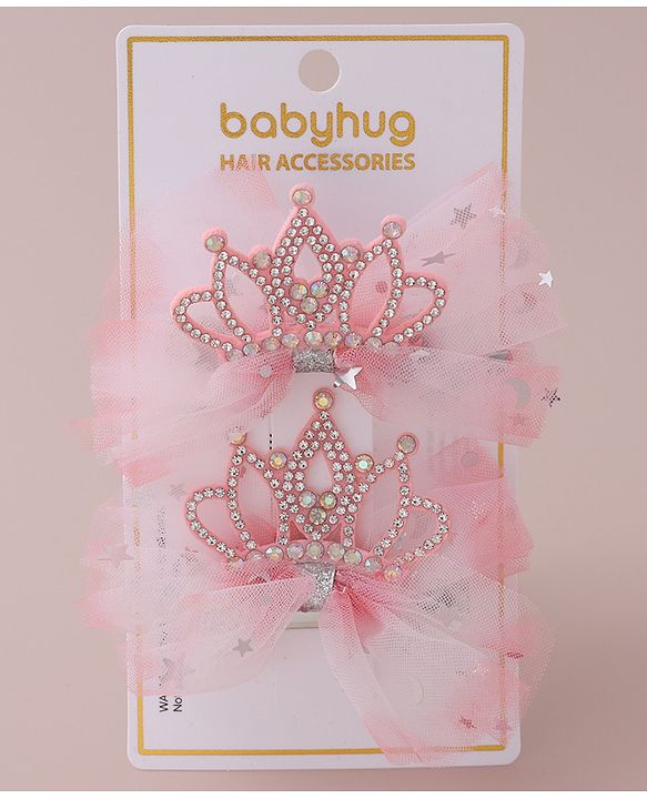 Babyhug Free Size Bow Clips with Crown Applique Pack of 2 - Pink