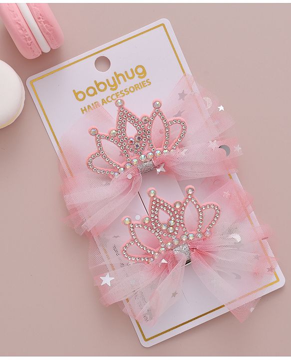 Babyhug Free Size Bow Clips with Crown Applique Pack of 2 - Pink