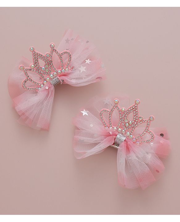 Babyhug Free Size Bow Clips with Crown Applique Pack of 2 - Pink