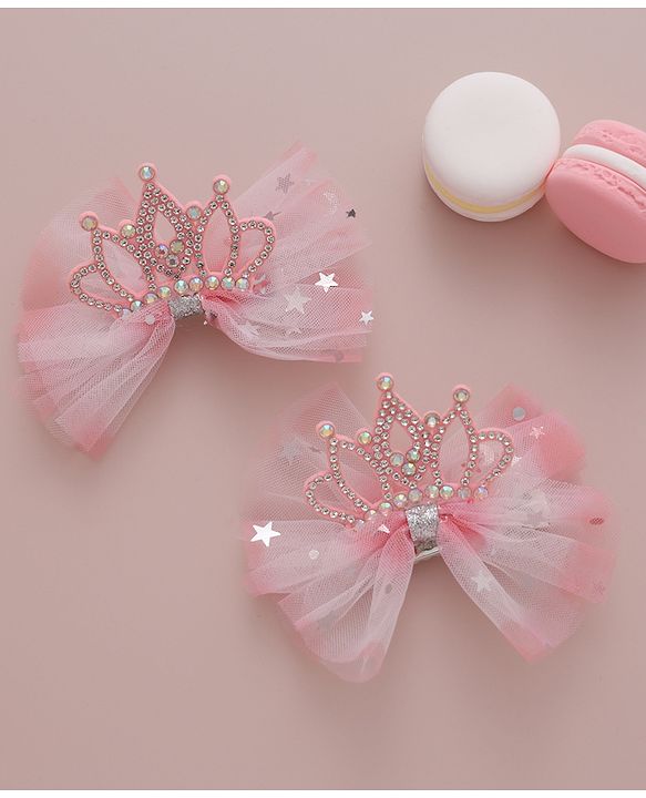 Babyhug Free Size Bow Clips with Crown Applique Pack of 2 - Pink