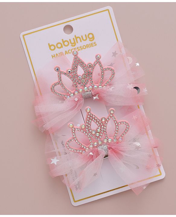 Babyhug Free Size Bow Clips with Crown Applique Pack of 2 - Pink