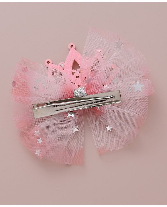 Babyhug Free Size Bow Clips with Crown Applique Pack of 2 - Pink