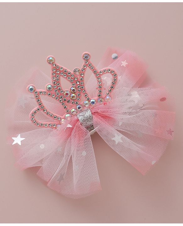 Babyhug Free Size Bow Clips with Crown Applique Pack of 2 - Pink