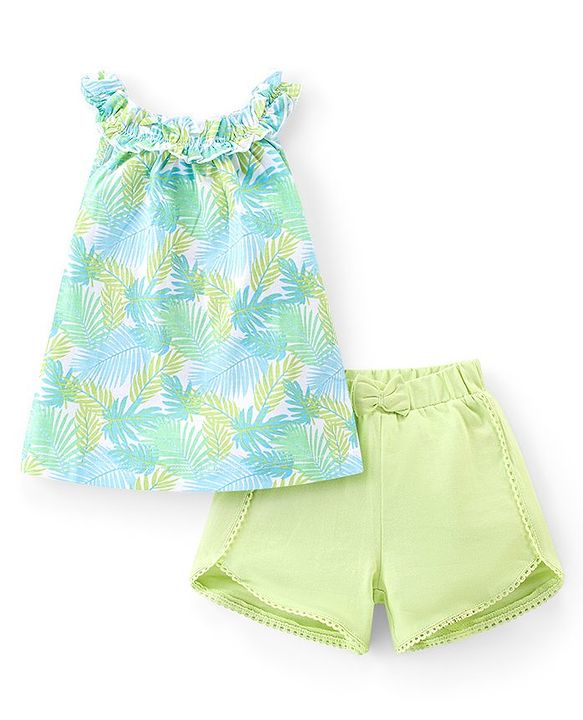 Babyhug 100% Cotton Sleeveless Top and Shorts Set Floral Print - Green & Blue