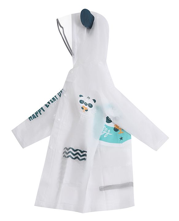 Babyhug Full Sleeves Hooded Raincoat Panda Print - White