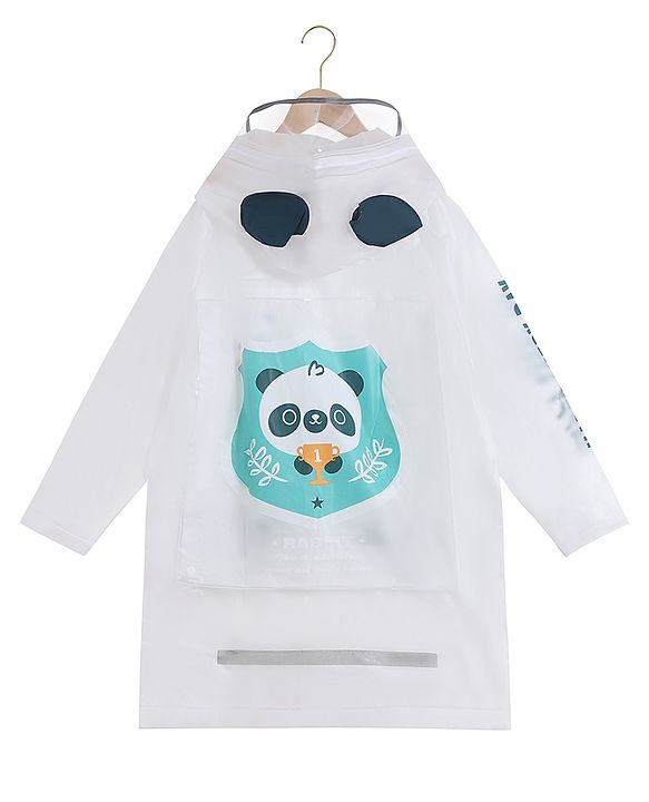 Babyhug Full Sleeves Hooded Raincoat Panda Print - White