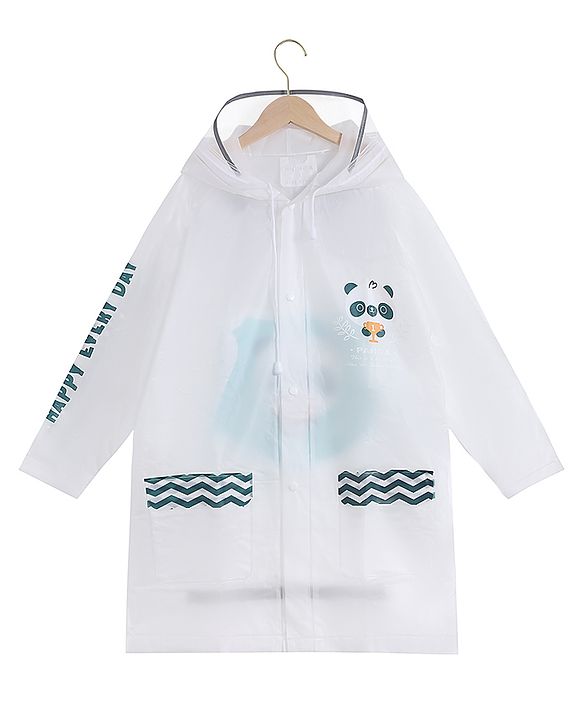 Babyhug Full Sleeves Hooded Raincoat Panda Print - White