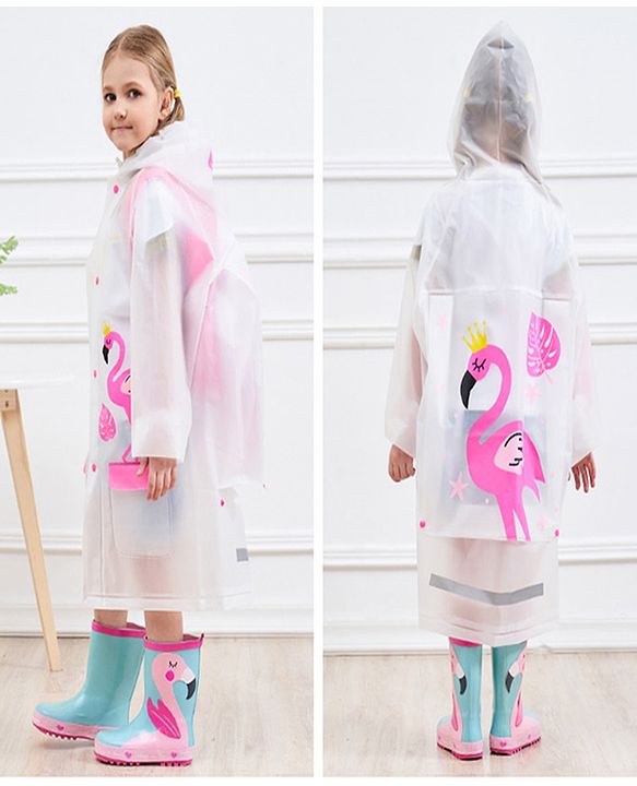Pine Kids Full Sleeves Hooded Raincoat Flamingo Print - White & Pink