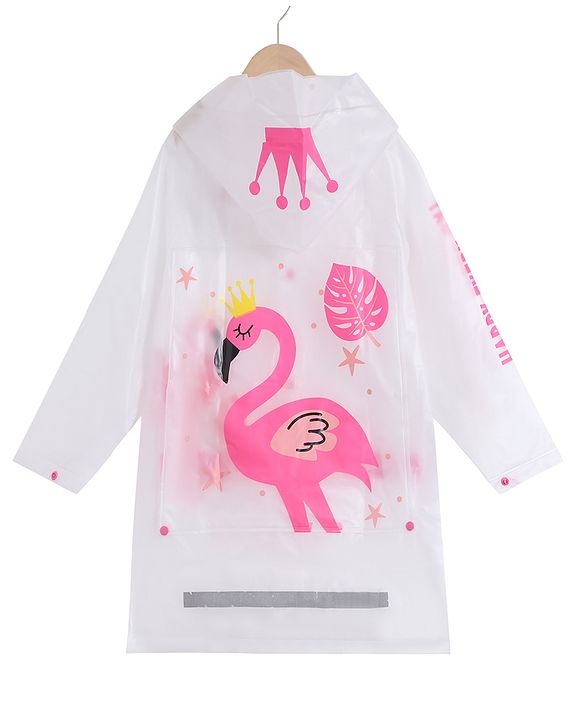 Pine Kids Full Sleeves Hooded Raincoat Flamingo Print - White & Pink