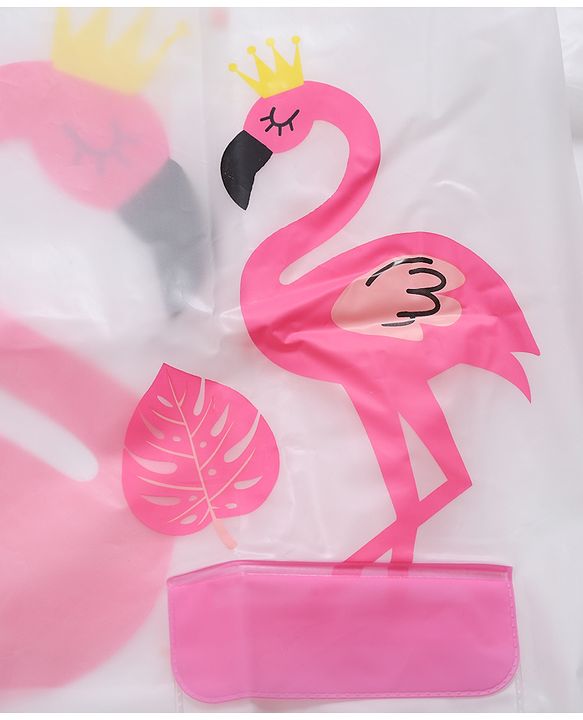 Pine Kids Full Sleeves Hooded Raincoat Flamingo Print - White & Pink