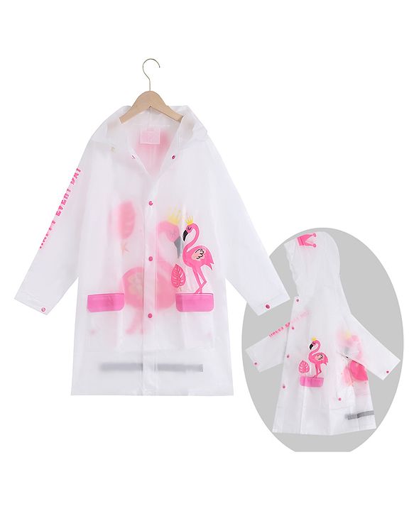 Pine Kids Full Sleeves Hooded Raincoat Flamingo Print - White & Pink