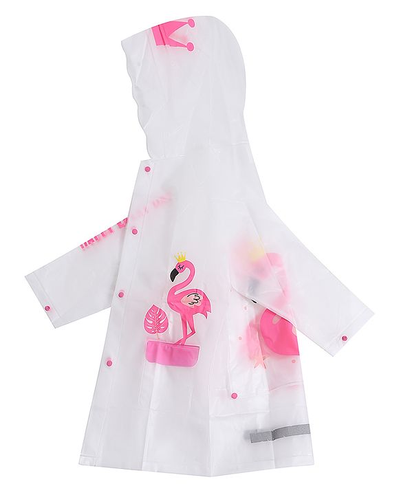 Pine Kids Full Sleeves Hooded Raincoat Flamingo Print - White & Pink