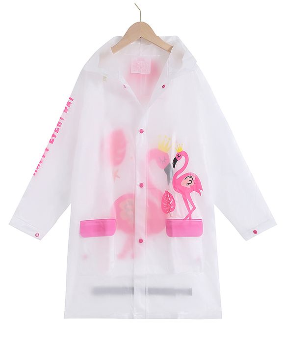 Pine Kids Full Sleeves Hooded Raincoat Flamingo Print - White & Pink