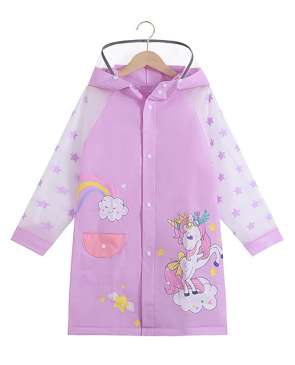 Babyhug Full Sleeves Hooded Raincoat Calf Length Unicorn Print - Light Purple
