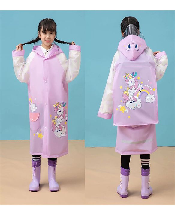 Babyhug Full Sleeves Hooded Raincoat Calf Length Unicorn Print - Light Purple