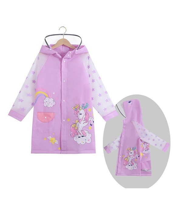 Babyhug Full Sleeves Hooded Raincoat Calf Length Unicorn Print - Light Purple