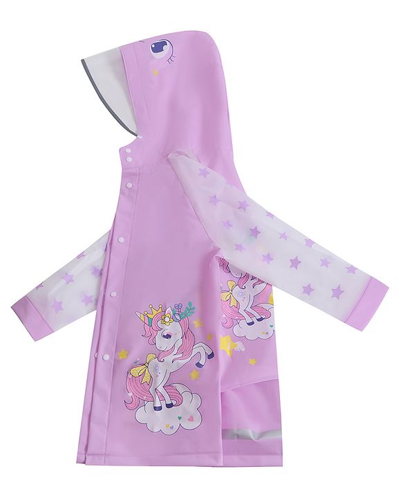 Babyhug Full Sleeves Hooded Raincoat Calf Length Unicorn Print - Light Purple