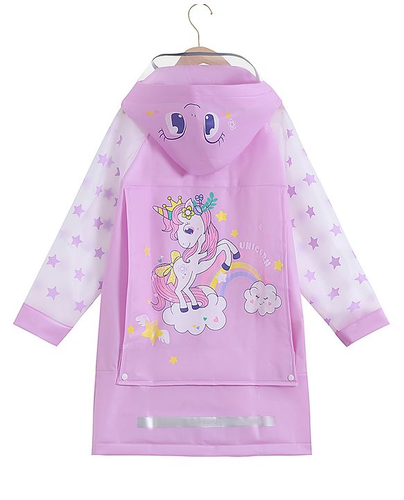 Babyhug Full Sleeves Hooded Raincoat Calf Length Unicorn Print - Light Purple