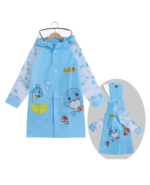 Babyhug Full Sleeves Hooded Raincoat Dolphin Print - Blue