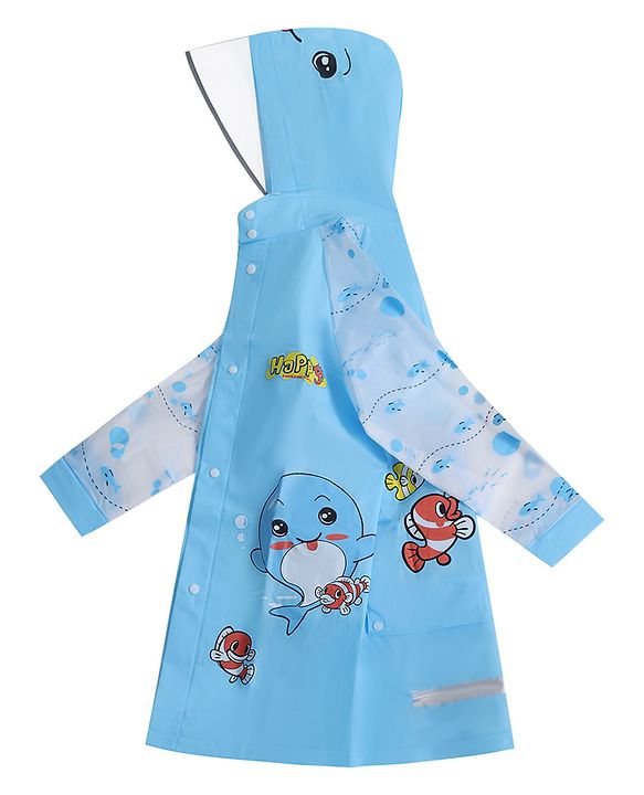 Babyhug Full Sleeves Hooded Raincoat Dolphin Print - Blue