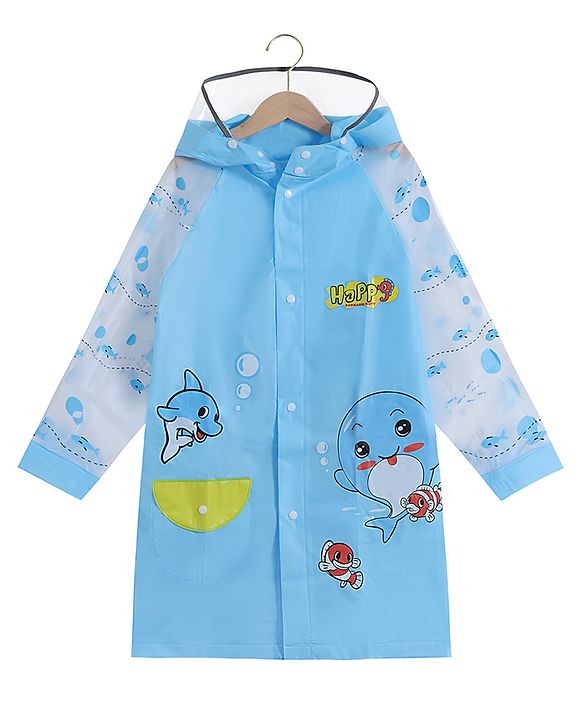 Babyhug Full Sleeves Hooded Raincoat Dolphin Print - Blue