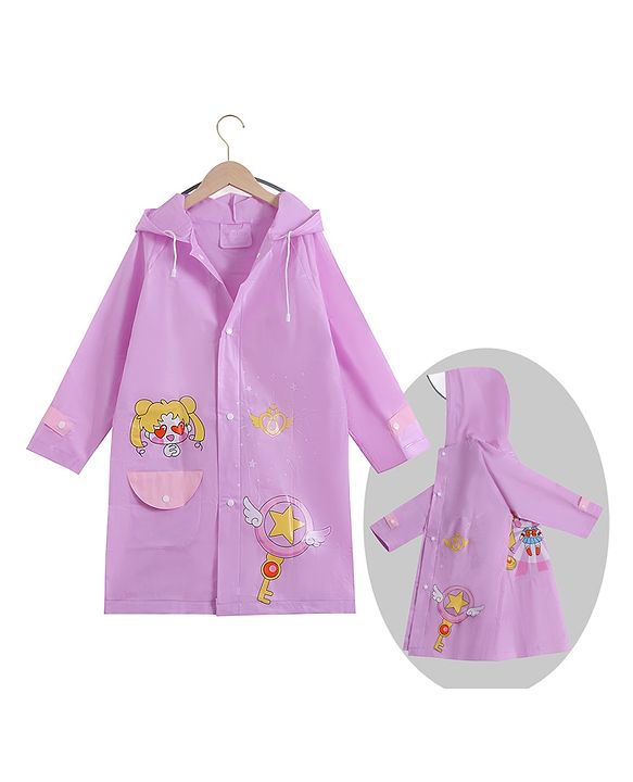 Babyhug Full Sleeves Hooded  Raincoat Doll Print - Light Purple