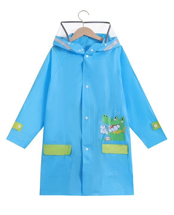 Babyhug Full Sleeves Hooded Raincoat Crocodile Print - Blue