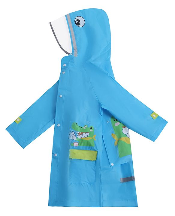 Babyhug Full Sleeves Hooded Raincoat Crocodile Print - Blue