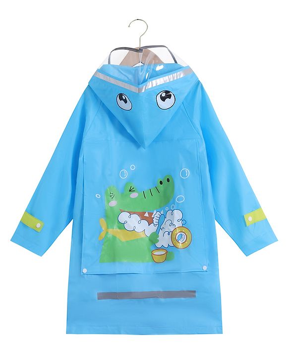 Babyhug Full Sleeves Hooded Raincoat Crocodile Print - Blue