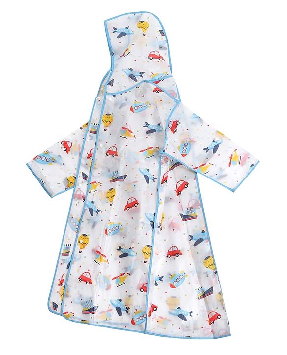 Pine Kids Full Sleeves Hooded Calf Length Raincoat Vehicle Print - Multicolor
