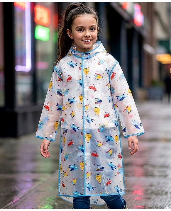Pine Kids Full Sleeves Hooded Calf Length Raincoat Vehicle Print - Multicolor