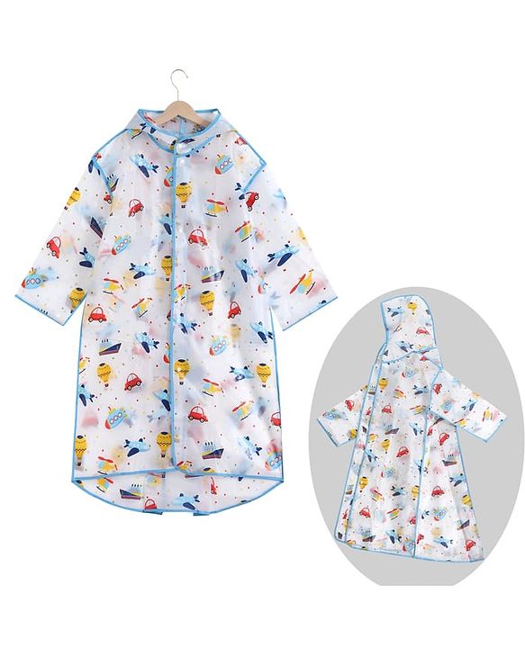 Pine Kids Full Sleeves Hooded Calf Length Raincoat Vehicle Print - Multicolor