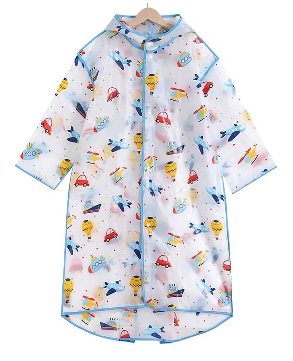 Pine Kids Full Sleeves Hooded Calf Length Raincoat Vehicle Print - Multicolor