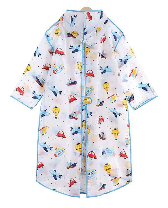 Pine Kids Full Sleeves Hooded Calf Length Raincoat Vehicle Print - Multicolor